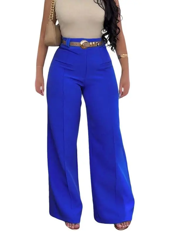 Women's Plain Pocket Wide Leg Fit Pants, Basic Classy Comfy Trousers for Spring & Fall