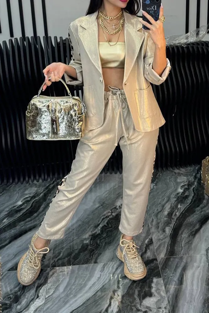 Women's Fashion Solid Color Splicing Leopard Pattern Jacket Pants Two Piece Set