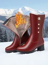 Women's Black Faux Leather Winter Boots with Warm Fur Lining, Mid-Calf Snow Boots with Block Heel, Non-Slip Cozy Fashion Footwear for Cold Weather, Outdoor Travel and Holiday Wear