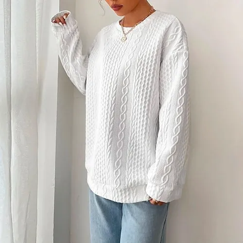 Women's Sweatshirt Plain Work Zipper Black White Pink Elegant Modern Loose Fit Crew Neck Long Sleeve Micro-elastic Spring Fall