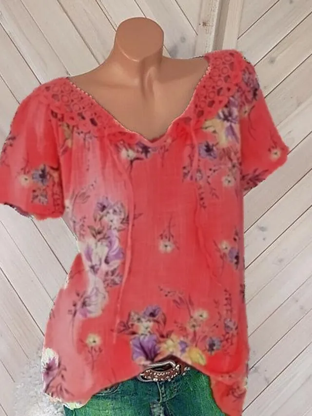 Women's Shirt Blouse Floral White Pink Blue Lace up Print Short Sleeve Casual Holiday Basic V Neck Regular Fit