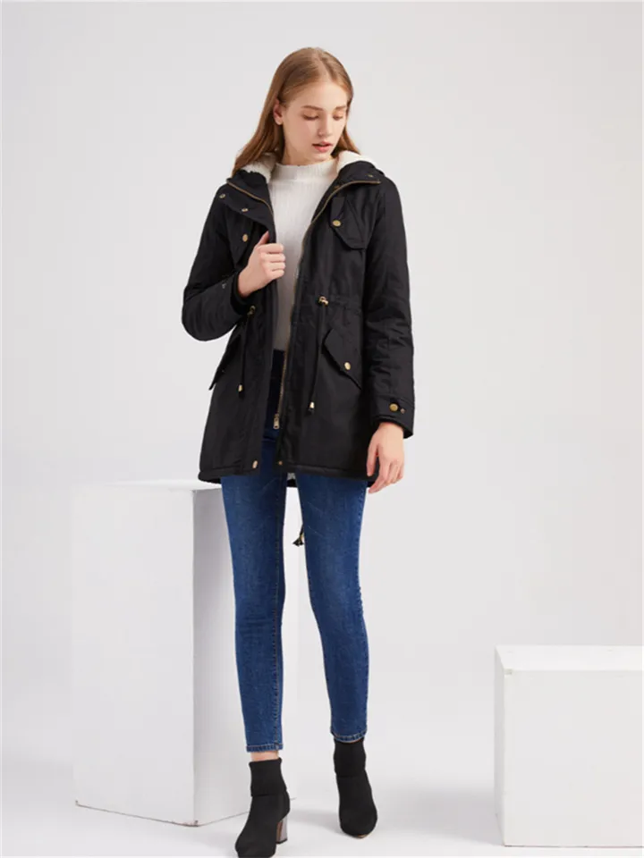 Women's Winter Jacket Winter Coat Parka Hoodie Jacket Outdoor Work Daily Winter Fall Regular Coat Regular Fit Windproof Warm Casual Jacket Long Sleeve Solid Color Full Zip Fleece Lined Navy Green