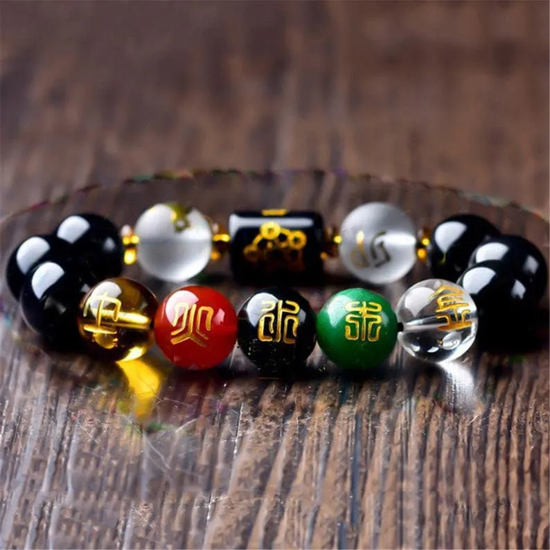 Feng Shui Five-Element Good Luck Bracelet-Wealth and Prosperity Bracelet-Abundance Money Bracelet-Obsidian Stone Healing Protection Bracelet