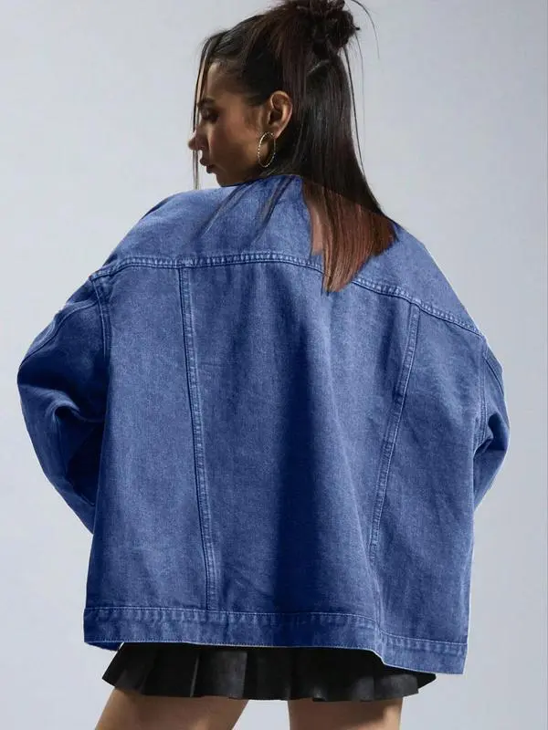 Women's Plain Button Front Drop Shoulder Denim Coat, Casual Fitted Long Sleeve Collared Pocket Outerwear for Daily Wear