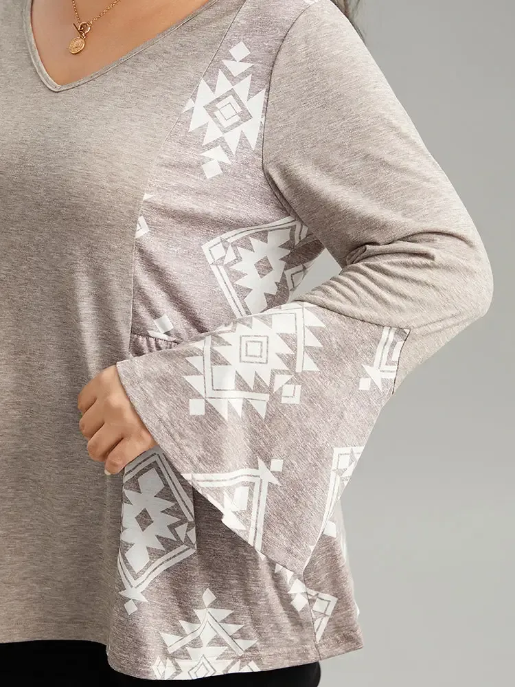 Floral Print Bell Sleeve V Neck T-Shirt