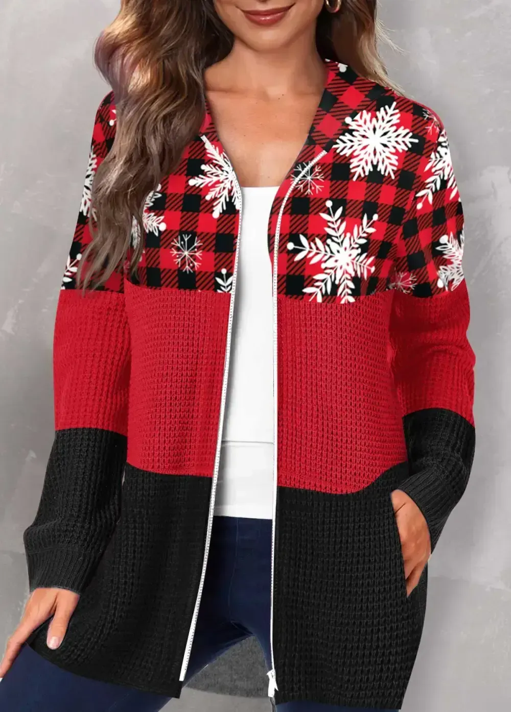 Red Pocket Christmas Print Long Sleeve Hooded Coat