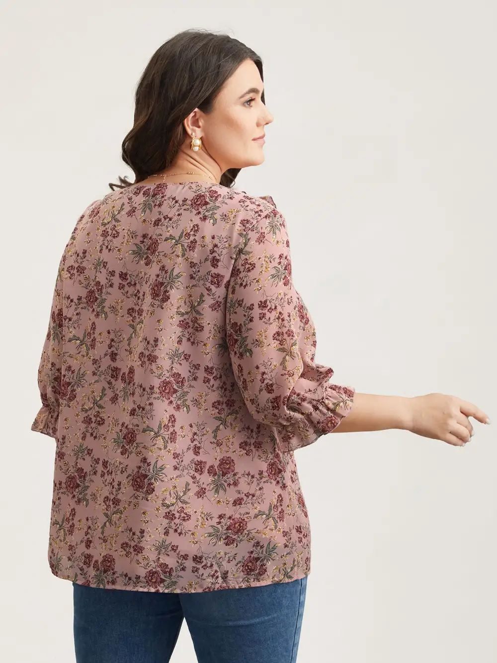 Chiffon Floral Print Ruffled Neck Flowy Shirt