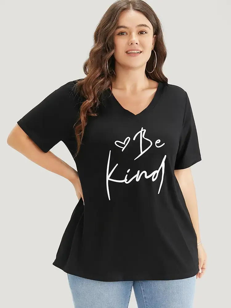 Letter & Heart Print V Neck T-shirt