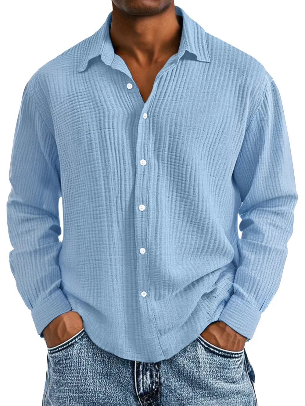 Men's Casual Cotton Pleated Solid Color Lapel Long Sleeve Shirt
