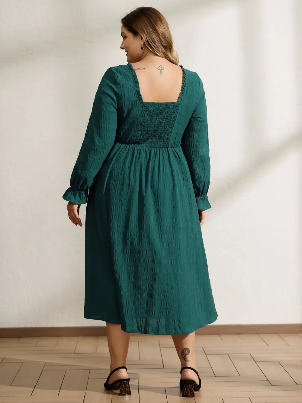 Textured Ruffled Neck Shirred Drawstring Midi Dress