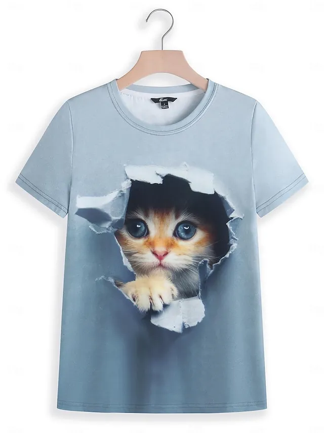 Women's T shirt Tee 3D cat Animal Print Daily Weekend Fashion Short Sleeve Round Neck White Summer
