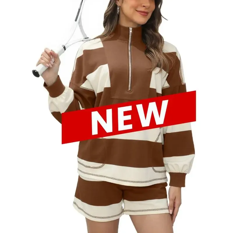 Women's Lounge Set 2 Piece Striped Long Sleeve Quarter Zip