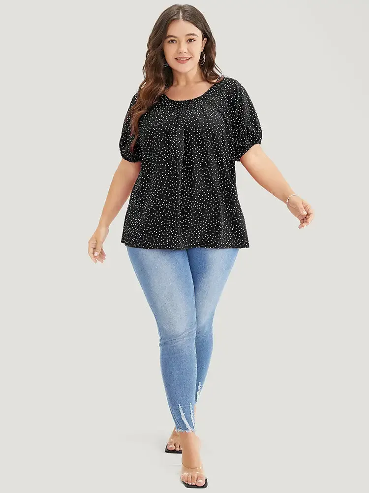 Polka Dot Pleated Round Neck Puff Sleeve Blouse