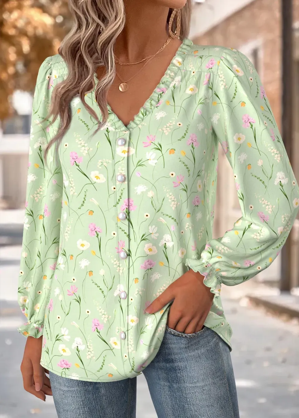 Light Green Tummy Coverage Ditsy Floral Print Blouse