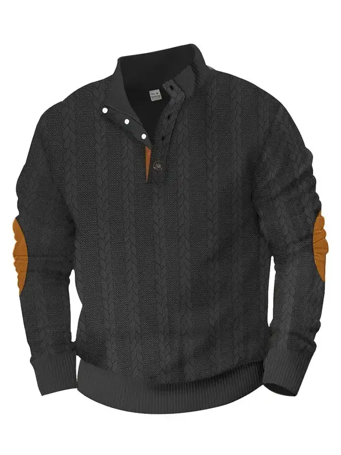 Men's Casual Retro Jacquard Fabric Button Stand Collar Long Sleeve Sweatshirt
