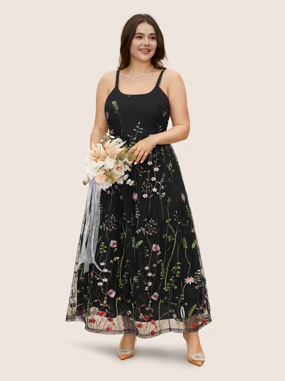 U Neck Floral Embroidered Mesh Cami Dress