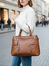 Women's Large Faux Leather Shoulder Tote Bag with Multiple Pockets, Stylish Handbag for Work, Travel and Everyday Use