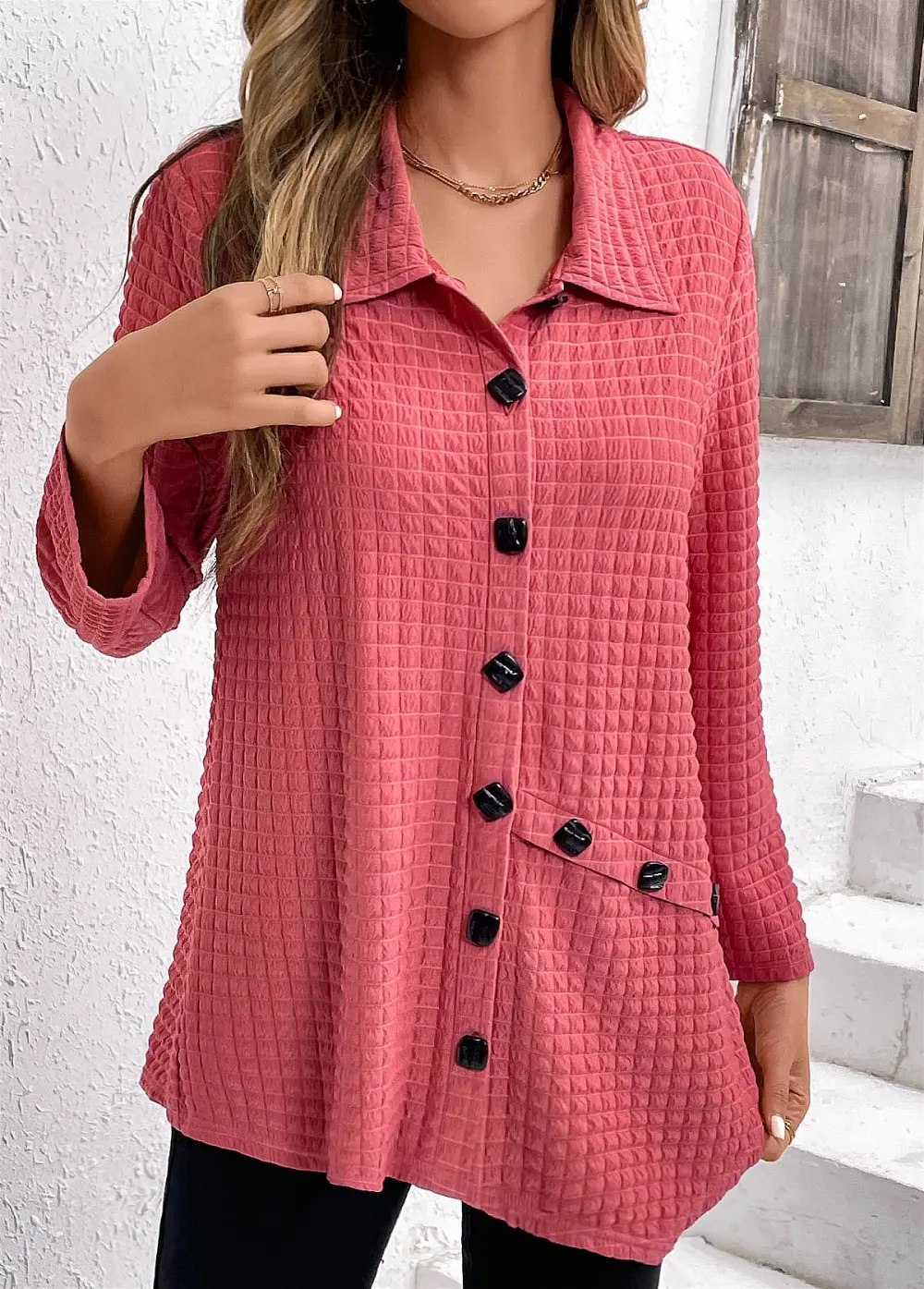Coral Button Long Sleeve Shirt Collar Blouse