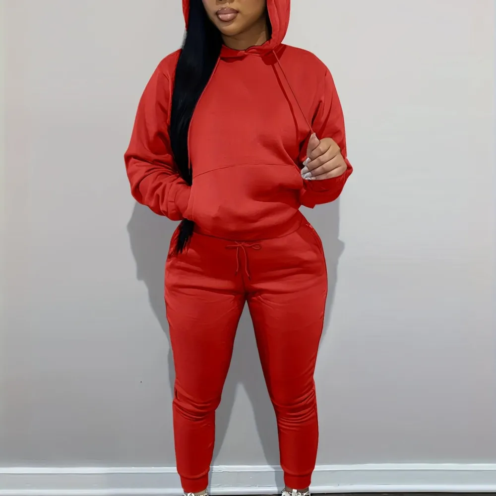Womens Comfort-fit Drawstring Hoodie & Loose Sweatpants Set - Stylish Two-Piece Pantsuit with Handy Pockets - Versatile Casual Wear for Everyday Style
