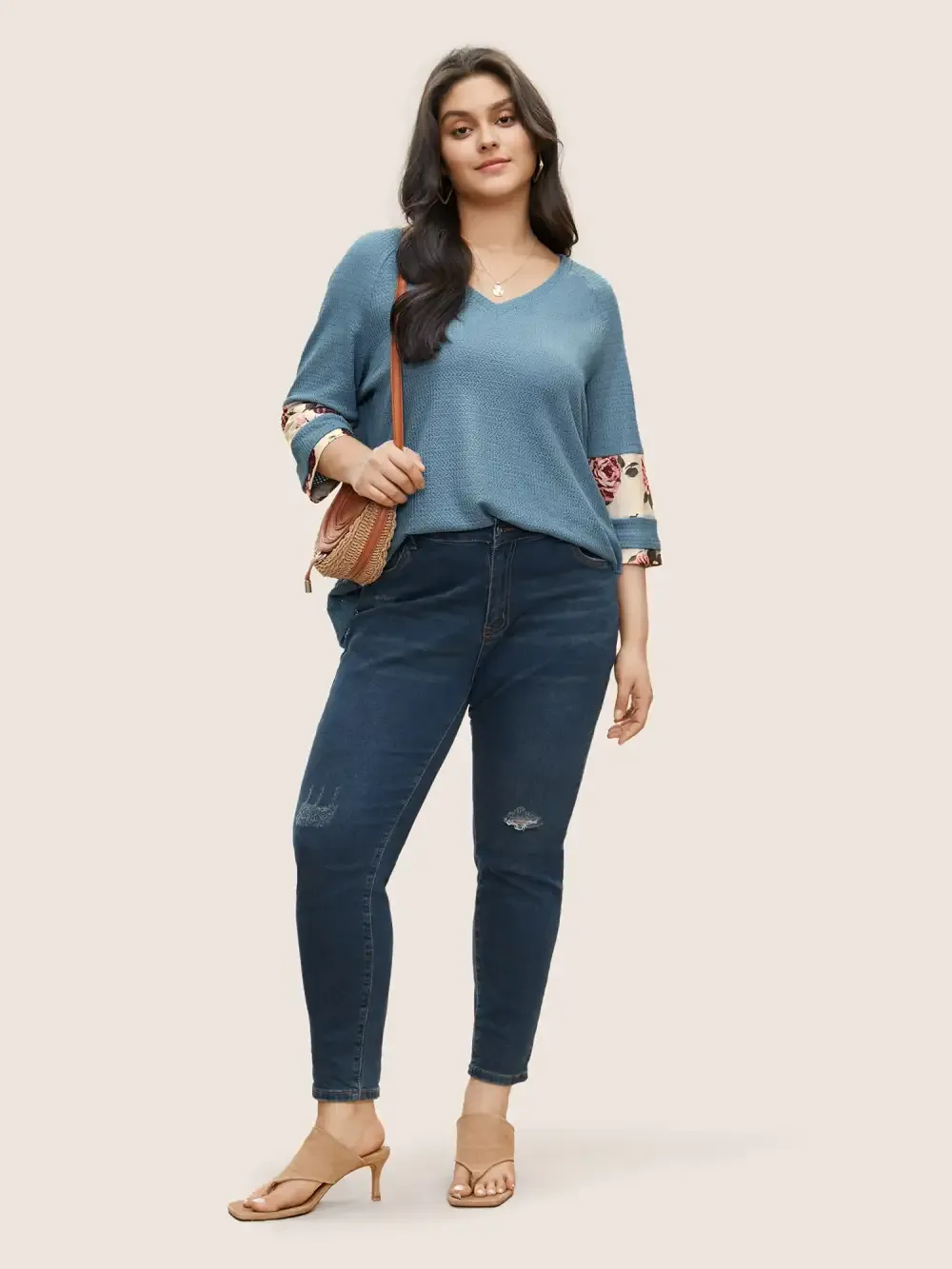 Textured Patchwork Floral Raglan Sleeve T-Shirt