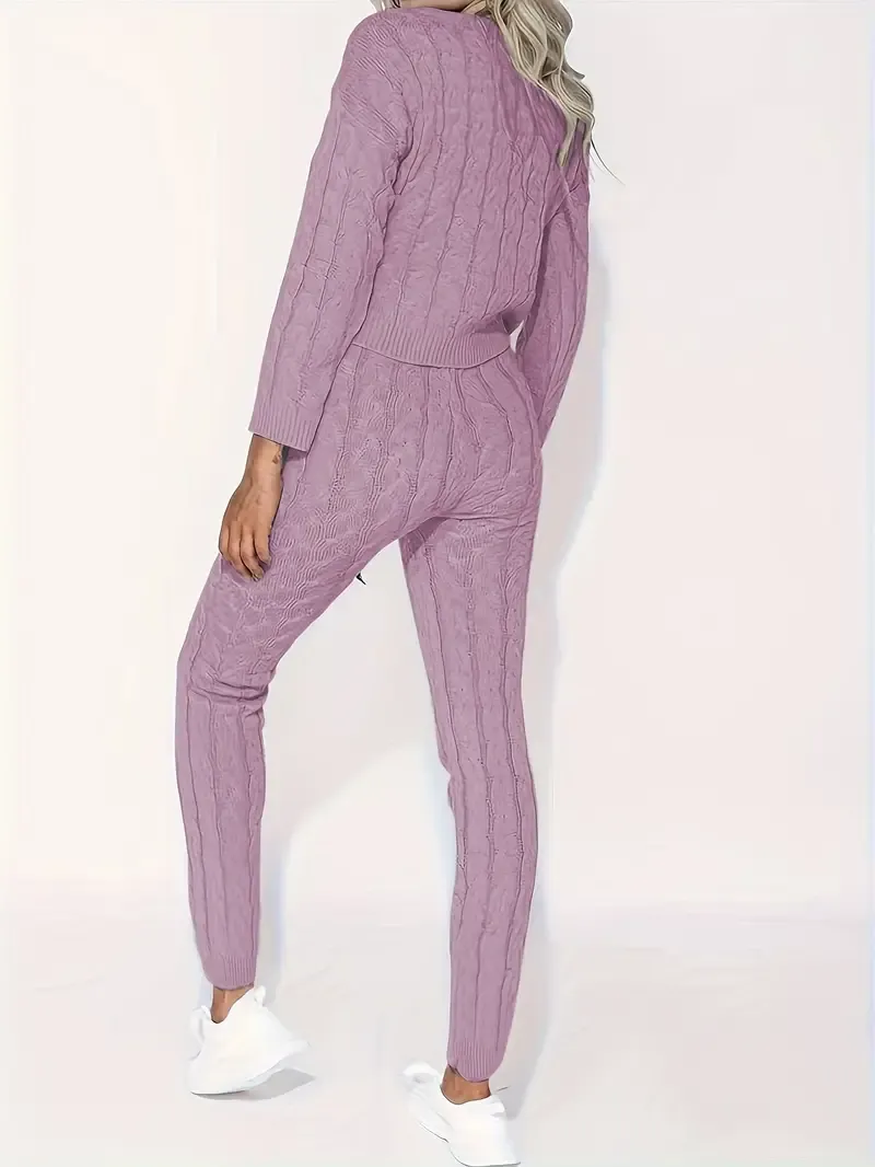 Solid Knitted Matching Two-piece Set, Casual Long Sleeve Sweater & Pants Outfits, Women's Clothing