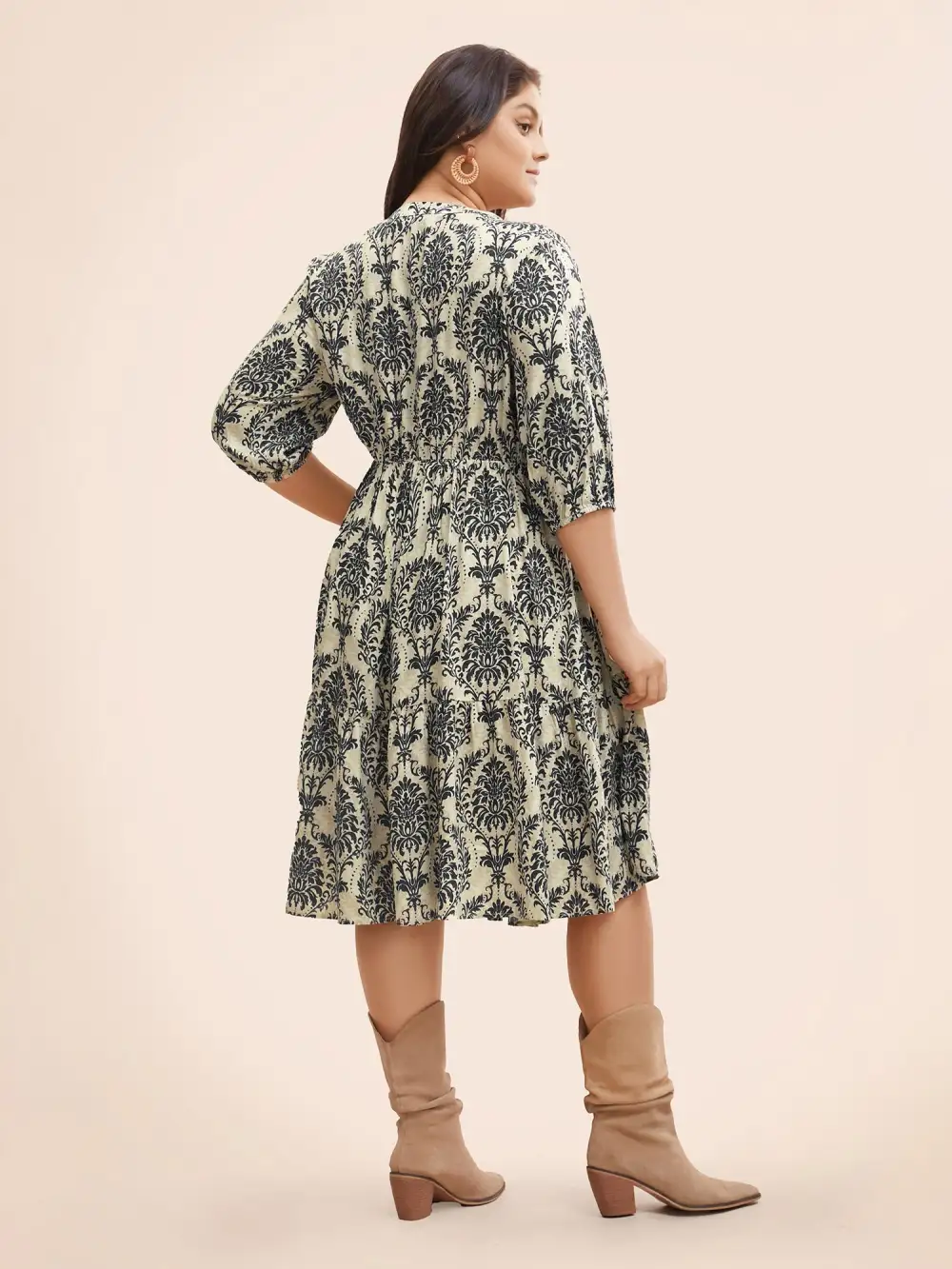 Damask Print Tie Knot Puff Sleeve Dress