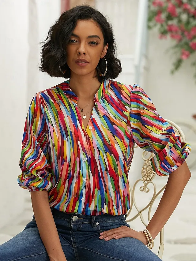Women's Shirt Blouse Graphic Button Print Casual Basic Long Sleeve Standing Collar Blue Spring Fall