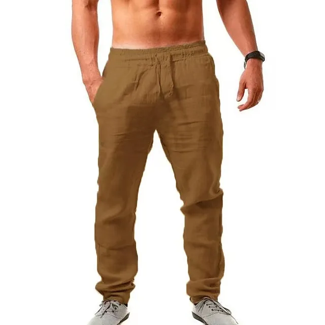 Men's Linen Pants Trousers Beach Pants Pocket Drawstring Elastic Waistband Plain Comfort Breathable Daily Stylish Hip Hop Dark Khaki Light Khaki Micro-elastic