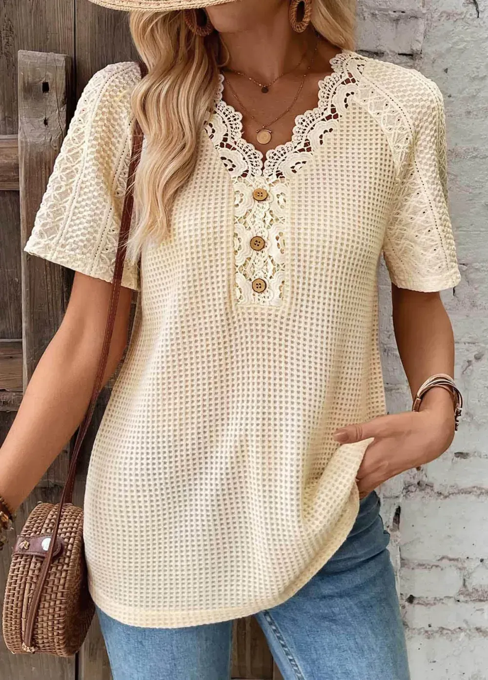 Light Camel Short Sleeve V Neck T Shirt