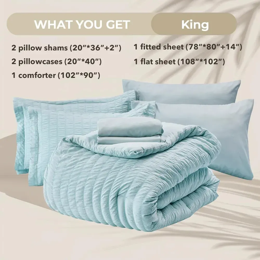 Queen Comforter Set Seersucker 7 Pieces, All Season Luxury Bed in a Bag for Bedroom, Bedding Set with Comforters, Sheets, Pillowcases & Shams, Dark Grey