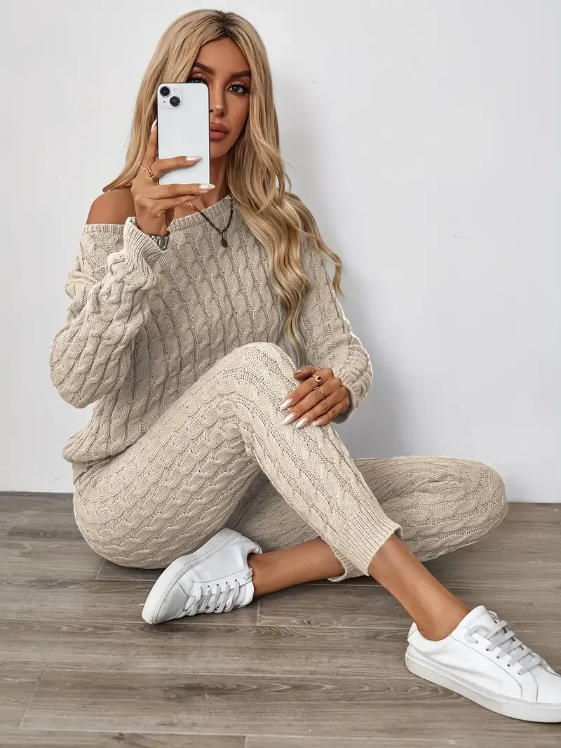 Solid Knitted Matching Two-piece Set, Casual Long Sleeve Sweater & Pants Outfits, Women's Clothing