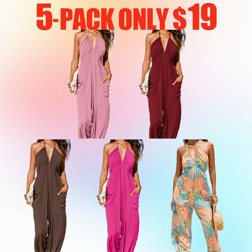 Women's Plunge Halter Jumpsuit – Sleeveless Pleated Maxi Romper with Pockets