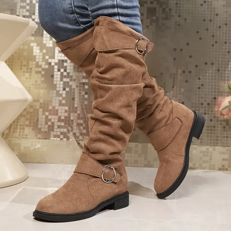 Women's Solid Color Trendy Boots, Buckle Belt Pull On Chunky Heel High Knee Boots