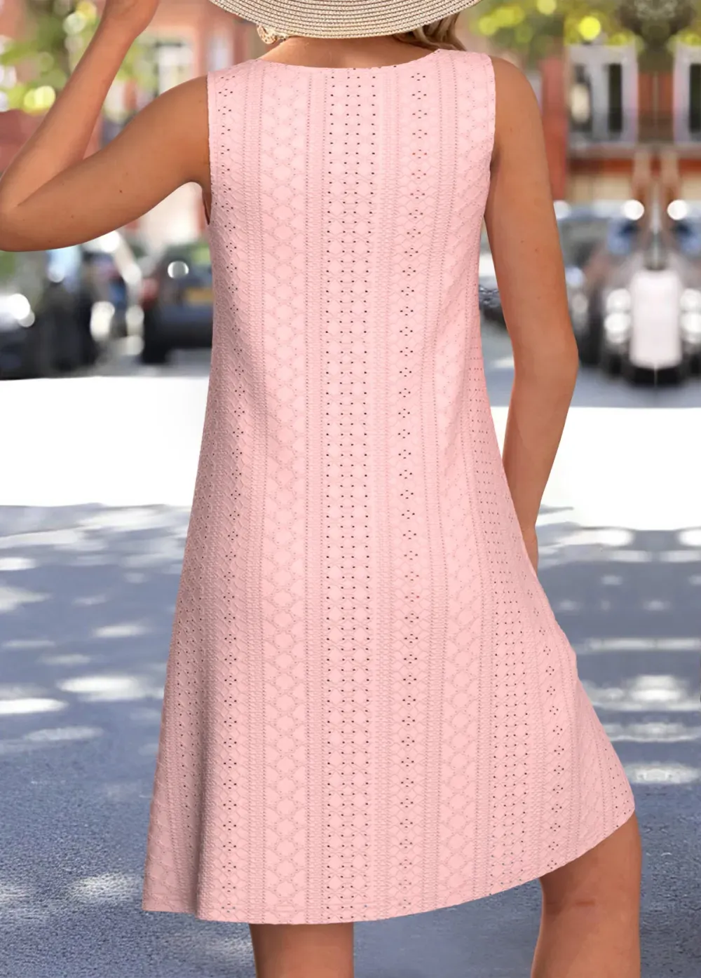 White Jacquard A Line Sleeveless Round Neck Dress