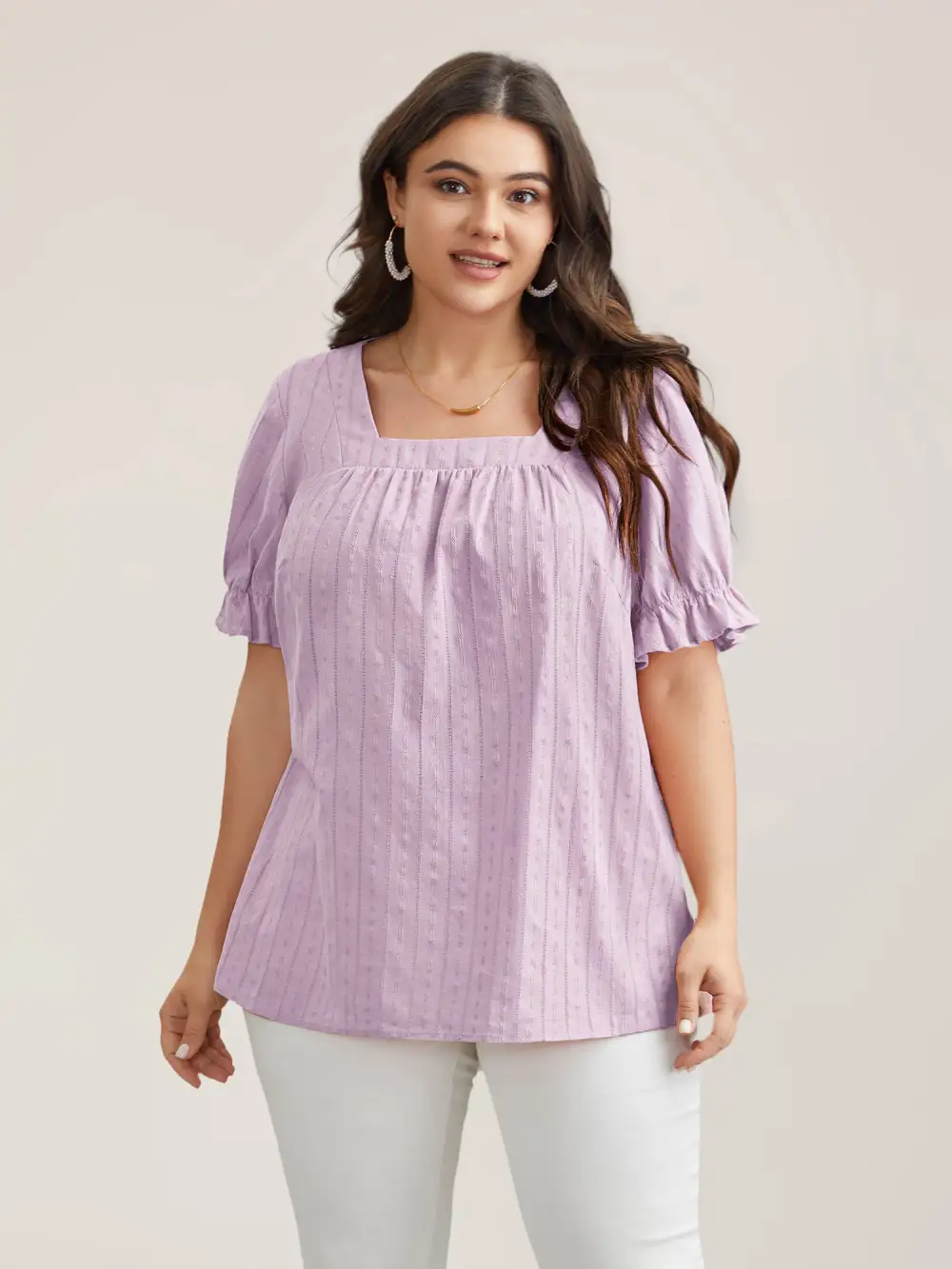 Cotton Square Neck Ruffled Sleeve Shirt