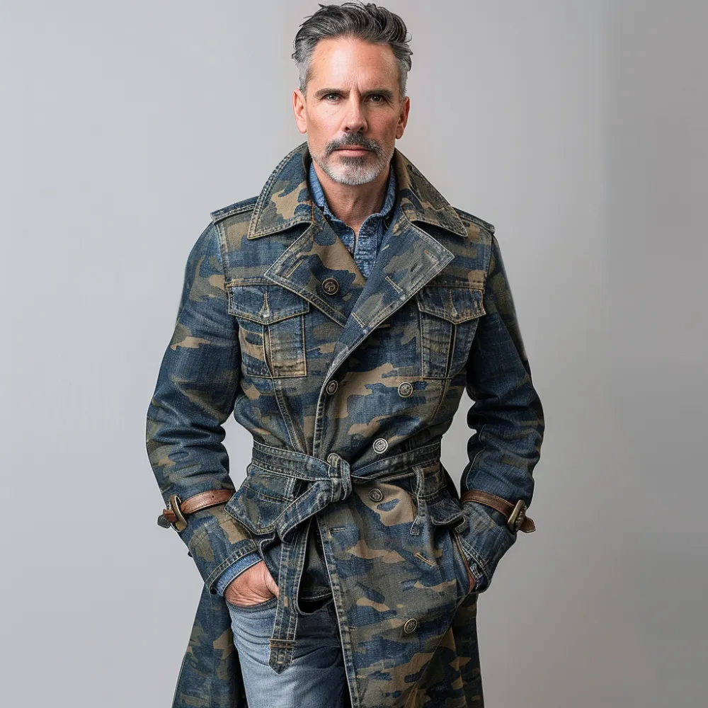 Men's Camo Peaked Lapel Lace Up Knee Length Trench Coat