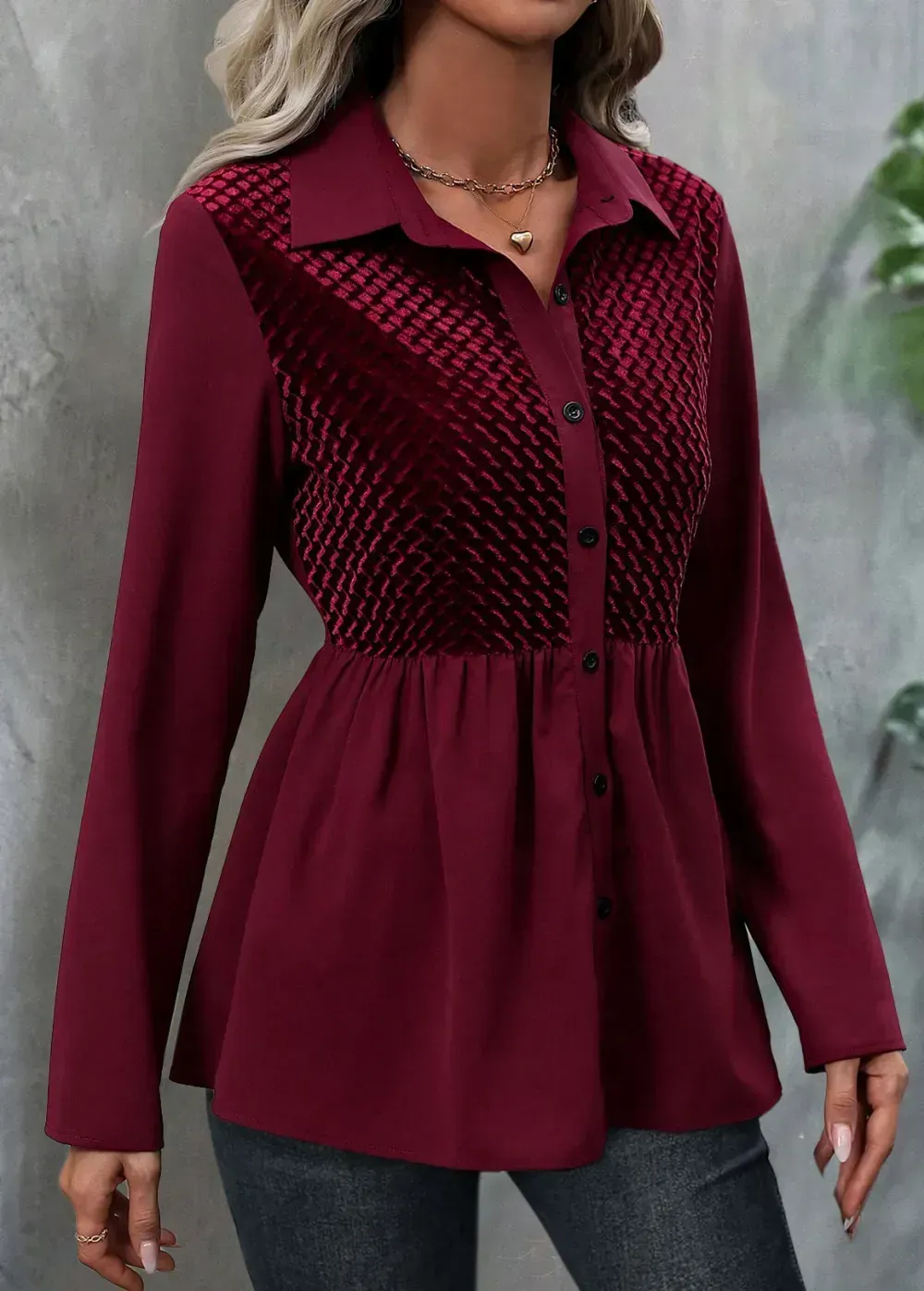 Dark Reddish Purple Velvet Long Sleeve Shirt Collar Blouse