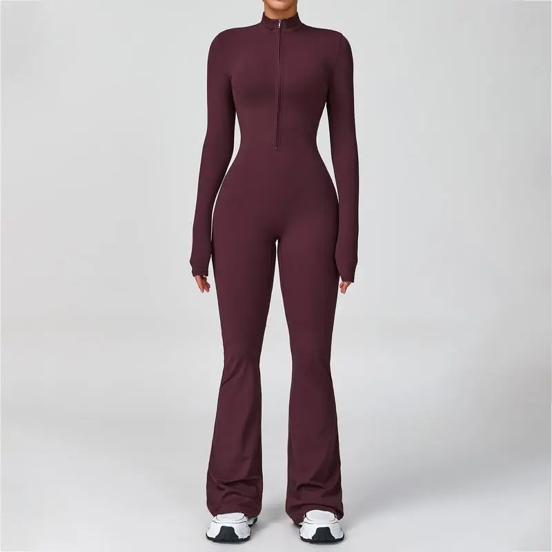 Women's Long Sleeve Flared Jumpsuit – Zipper Wide Leg Activewear for Gym & Casual Wear
