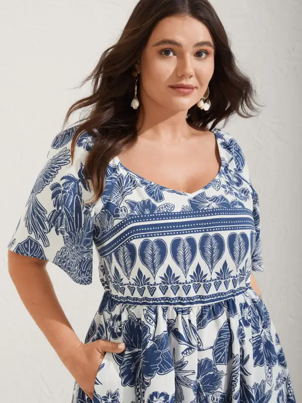 Boho Print Fit Flare Pockets Midi Dress