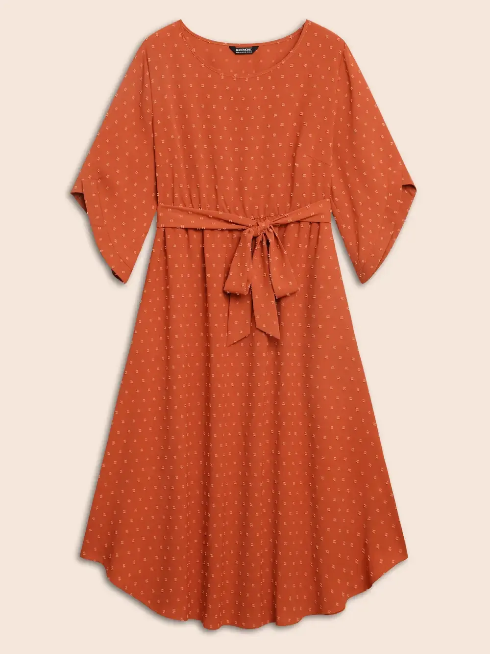 Textured Bell Sleeve Belted Arc Hem Dress