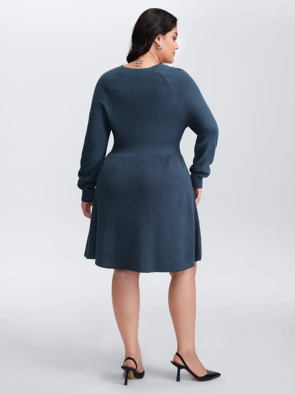 Textured Stretchy Waist Button Sweater Knee-Length Dress