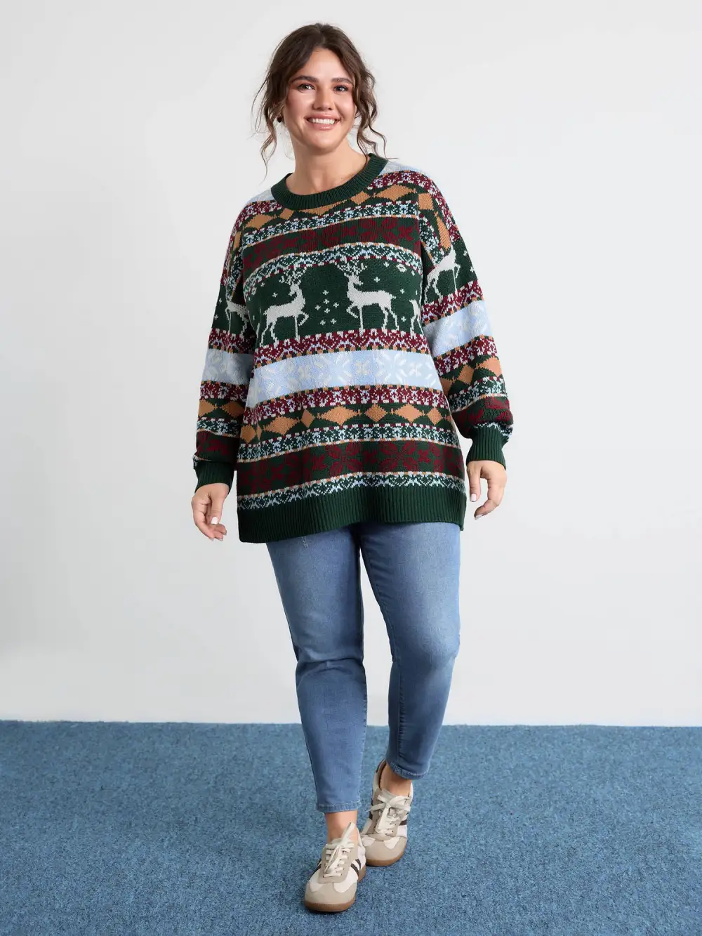 Elk Christmas Print Jacquard Ribbed Hem Pullover