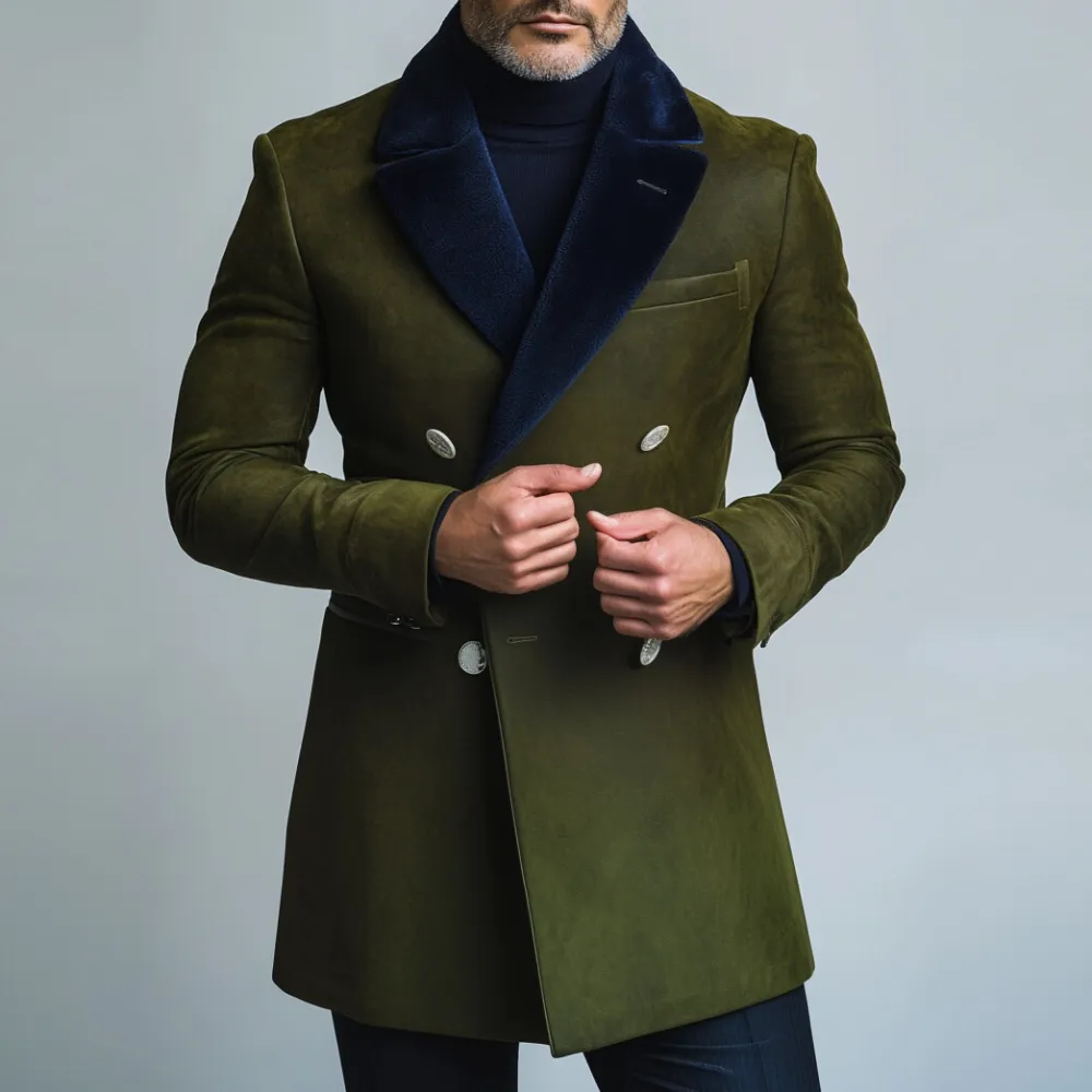 Men's Suede Two Tone Lapel Collar Double Breasted Long Blazer