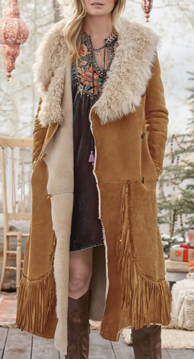 Women's Plush Lapel Fringe Long Coat