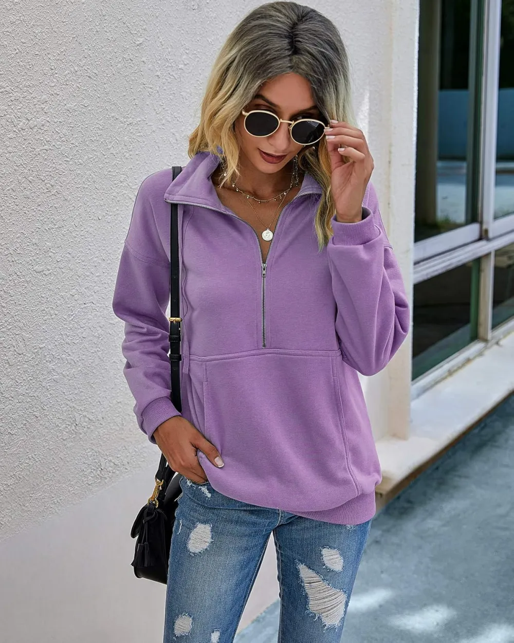 Women's Casual Long Sleeve Lapel Zipper Sweatshirt Drawstring Loose Pullover Tops