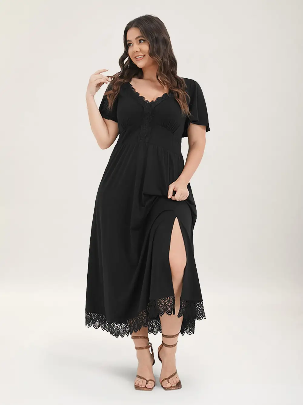 Solid Pocket Contrast Lace Split Maxi Dress
