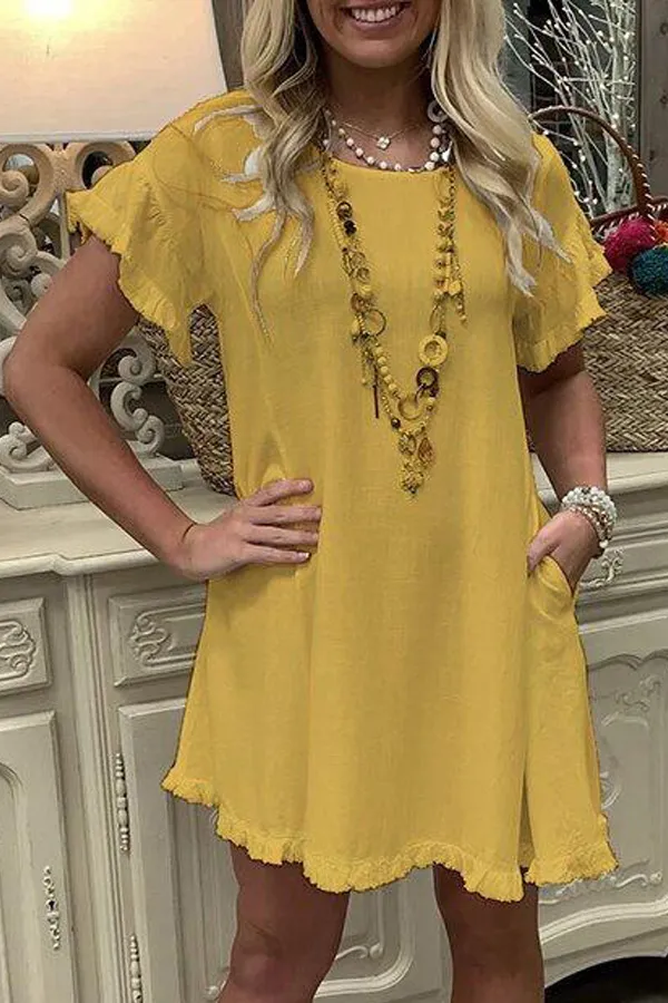 Solid Ruffled Short Sleeve Dress