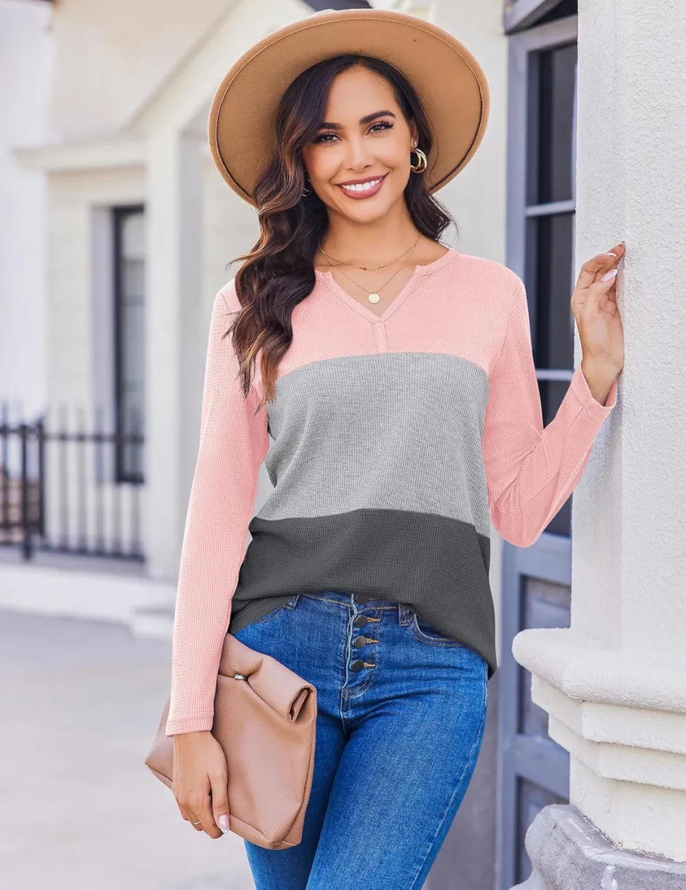 Women's Waffle Shirts V Neck Long Sleeve Tops Color Block T-Shirts Casual Tunics 2024 Fashion Basic Tees