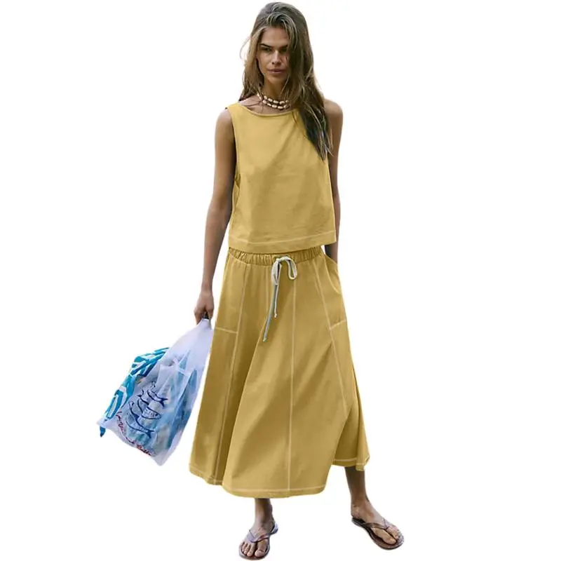 Women's Two-Piece Summer Skirt Set – Sleeveless Crop Top & Elastic Waist Maxi Skirt with Pockets
