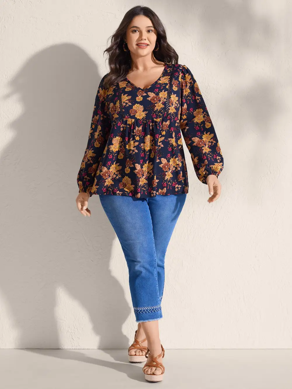 Fall Florals Lace Trim Flowy Blouse